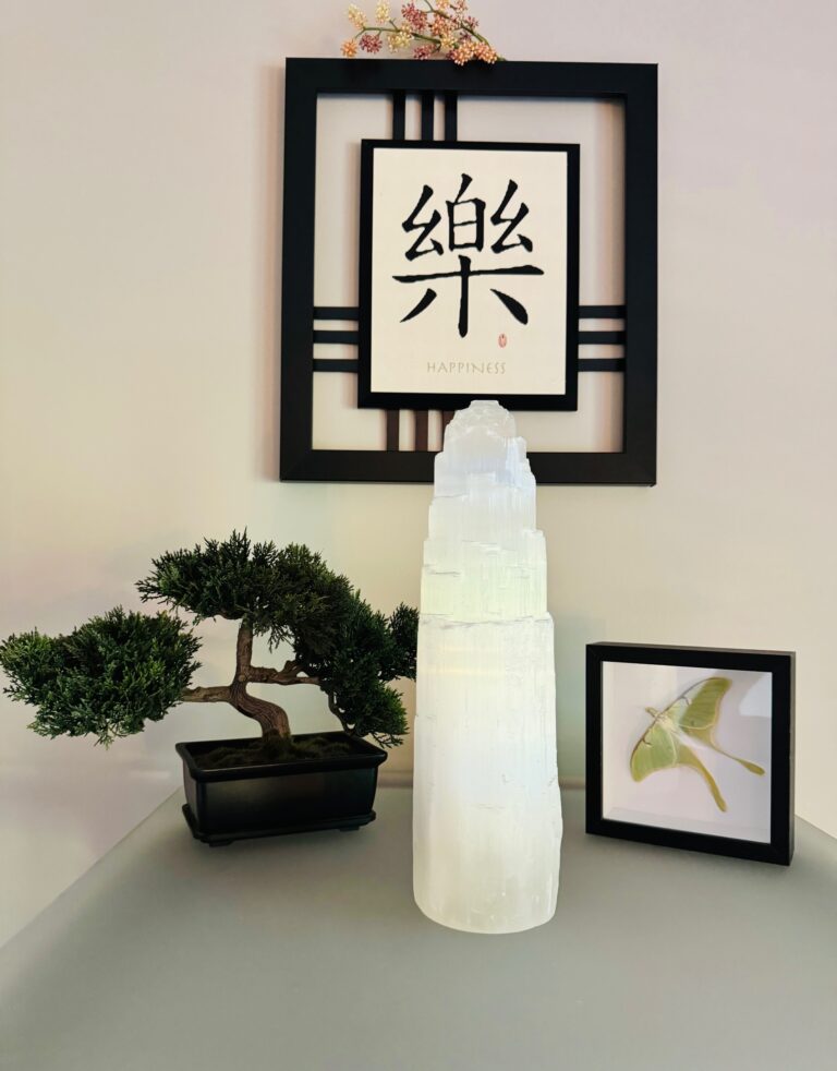 Selenite Crystal Tower Bonsai Luna Moth Zen Decor